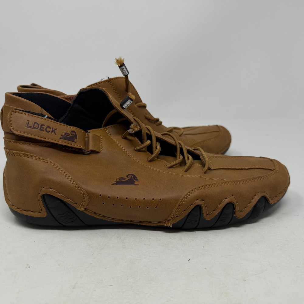 LDECK Driving Shoes Mens 38 Ankle Boot Tan Bungee Lace Hook Loop EUC